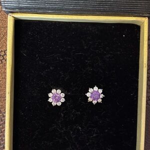 Purple Floral Halo Stud Earrings with Clear Accents Sterling silver setting